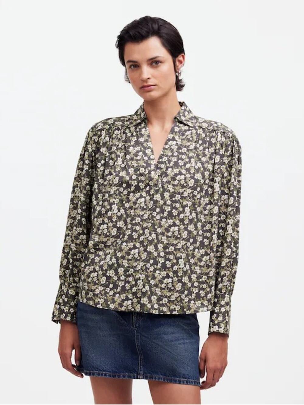 Madewell Easy Long-Sleeve Popover Shirt in Dark Pavement Floral - Size M